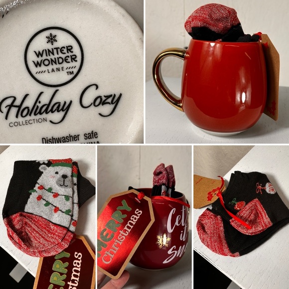 WINTER WONDER socks n' a mug set NEW gold handle/detailing women's socks LTD ED - Picture 2 of 2